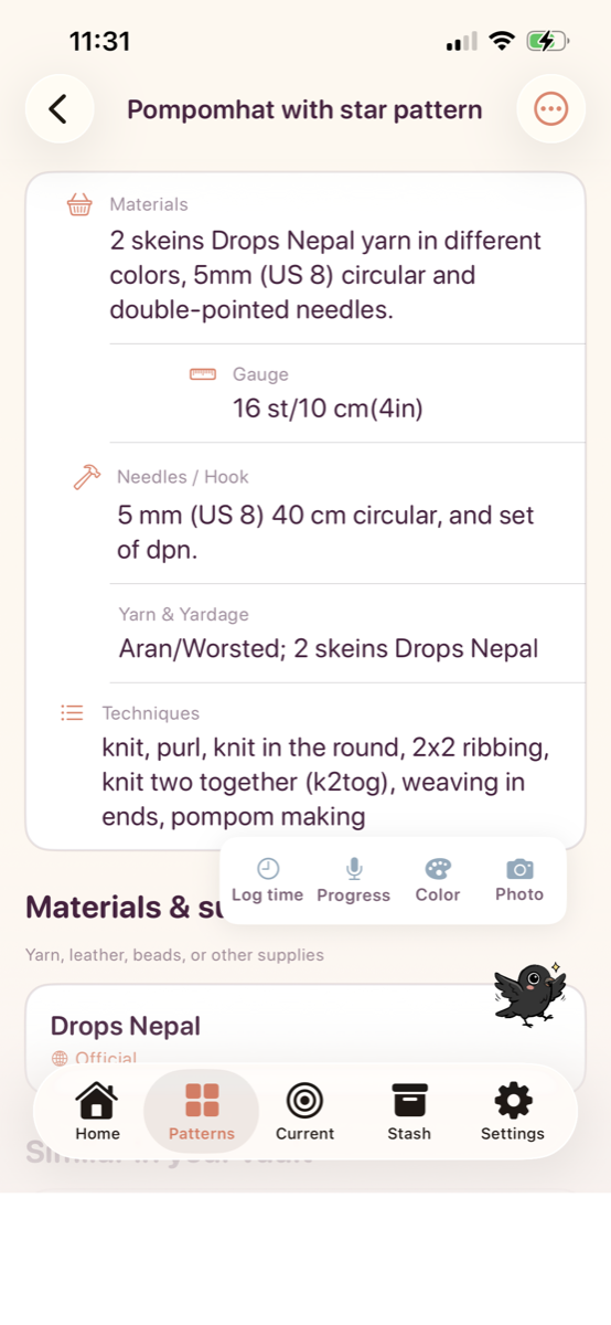 Corvid Craft pattern information screen showing yarn, gauge, and needle details